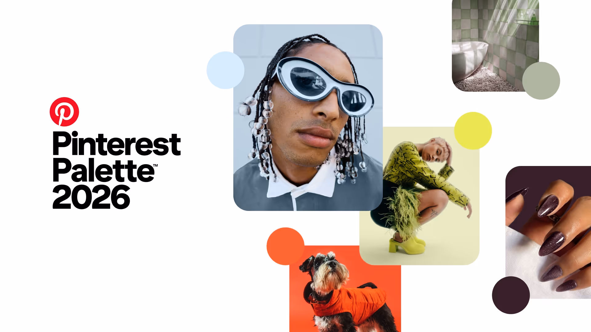 Pinterest Palette 2026 collage featuring fashion, design, lifestyle images including sunglasses, green outfit, dog, and nail art