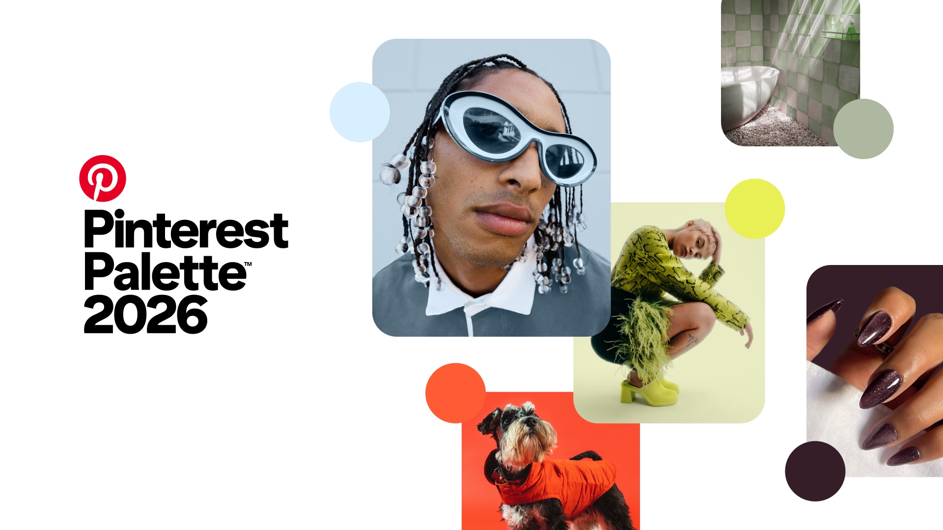 Pinterest Palette 2026 collage featuring fashion, design, lifestyle images including sunglasses, green outfit, dog, and nail art