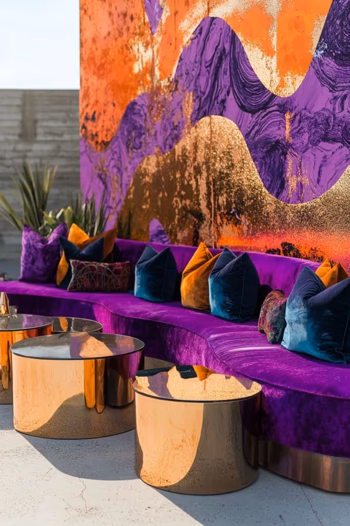 Curved purple velvet bench with jewel-toned pillows, gold coffee tables, and abstract orange-purple mural