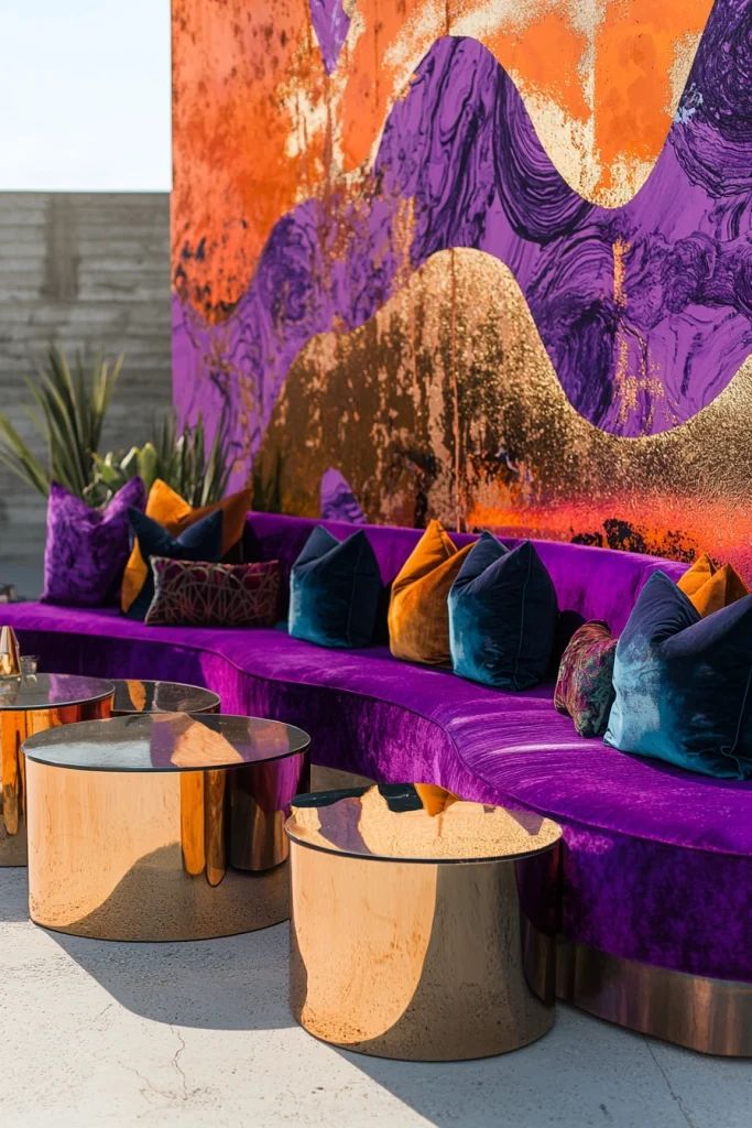 Curved purple velvet bench with jewel-toned pillows, gold coffee tables, and abstract orange-purple mural