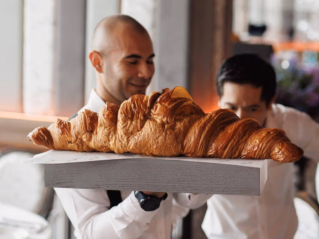 Two men in white chef coats holding a large wooden tray featuring an exceptionally oversized, golden-brown flaky croissant. The logo for "The Idea Hunter" is visible in the top left corner.