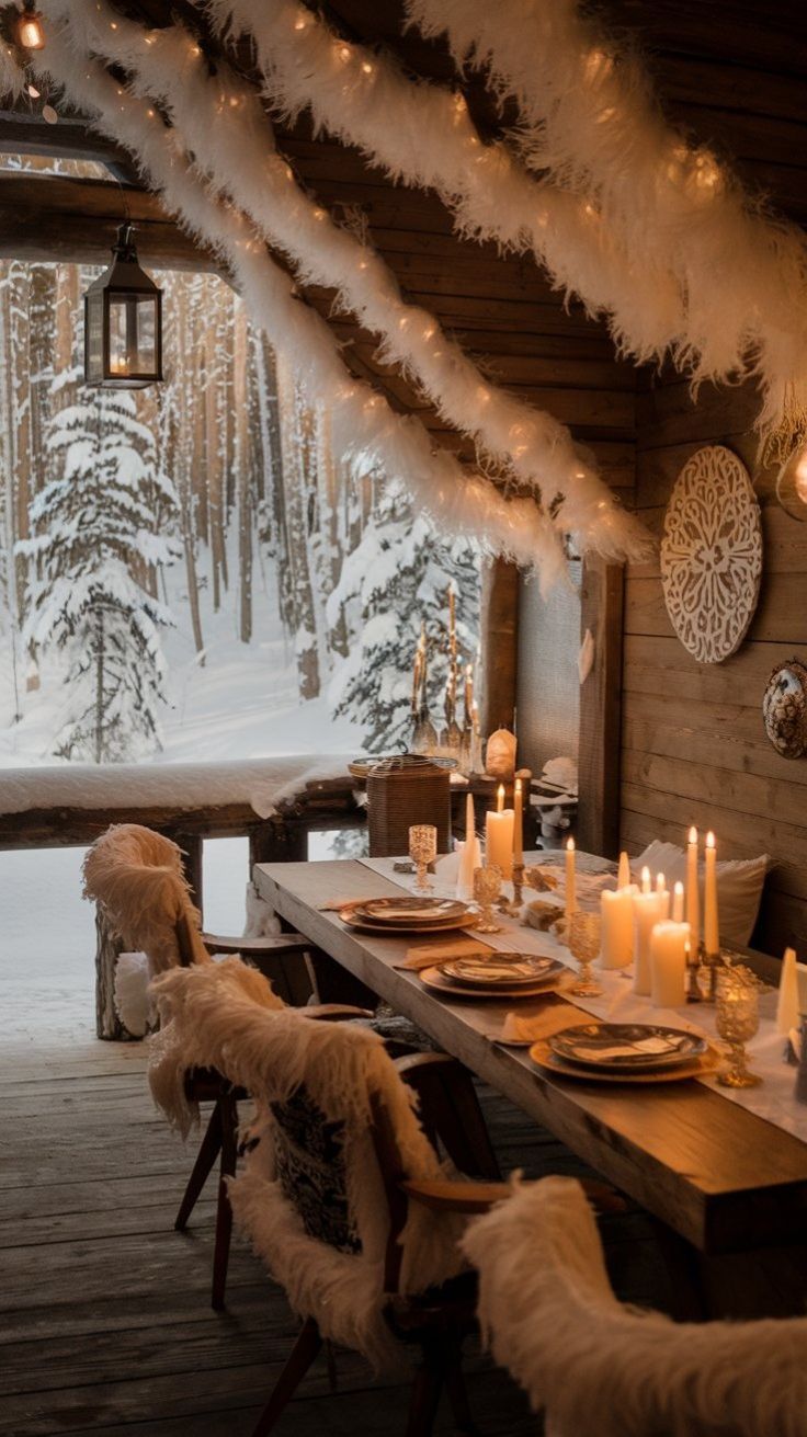 A cozy, snow-covered wooden balcony decorated with glowing candles, warm blankets, and festive white garlands overlooking a winter forest.