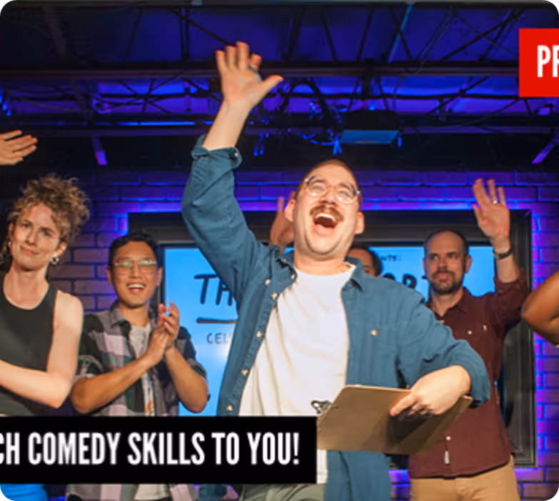 Toronto comedy workshop team building activity with employees performing on stage and learning improv skills
