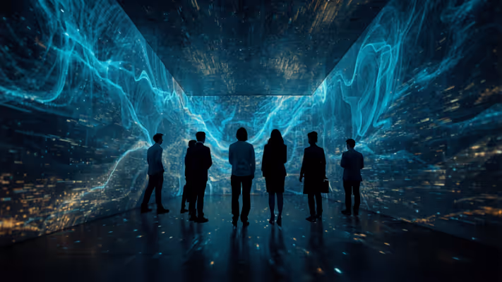 Toronto immersive digital art team building experience with group exploring interactive light projections