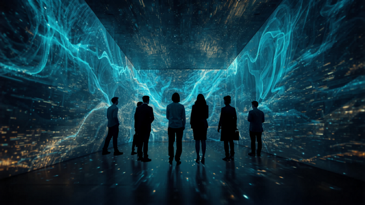 Toronto immersive digital art team building experience with group exploring interactive light projections