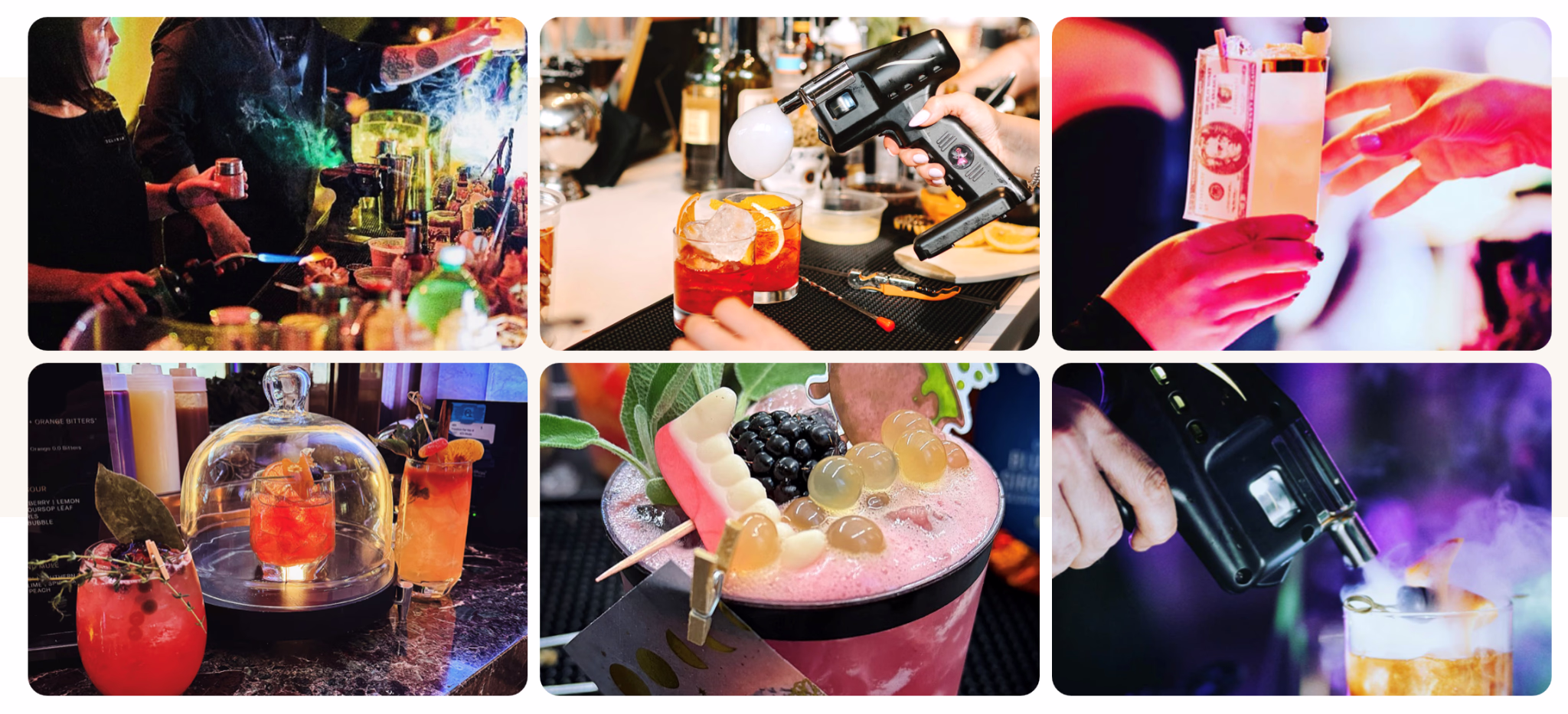 Bartenders preparing artistic cocktails with smoke, torches, and colorful garnishes