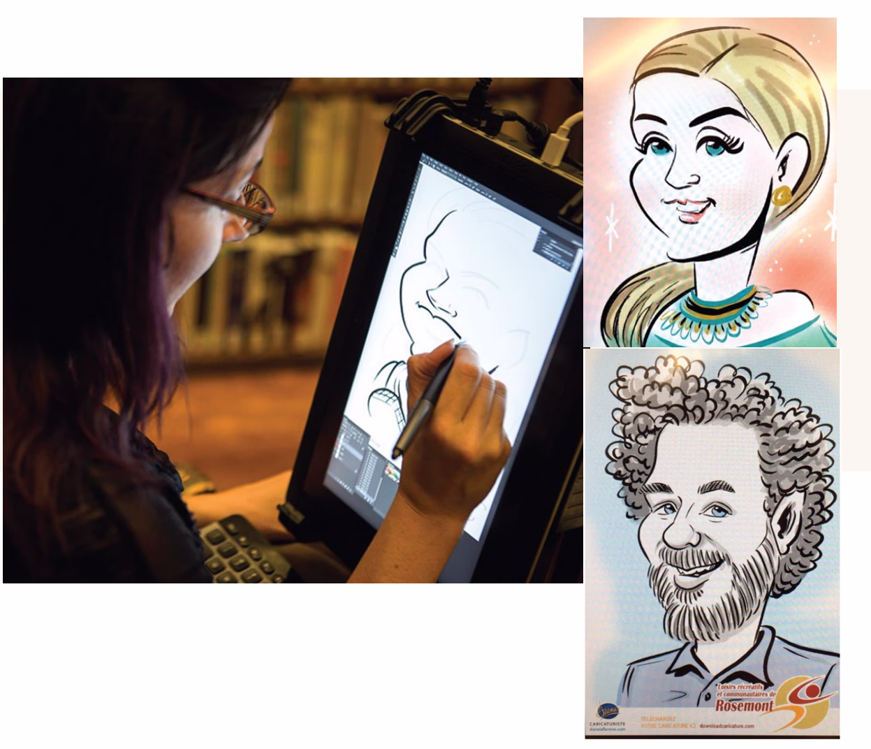 Artist drawing caricature on tablet with finished portraits displayed beside