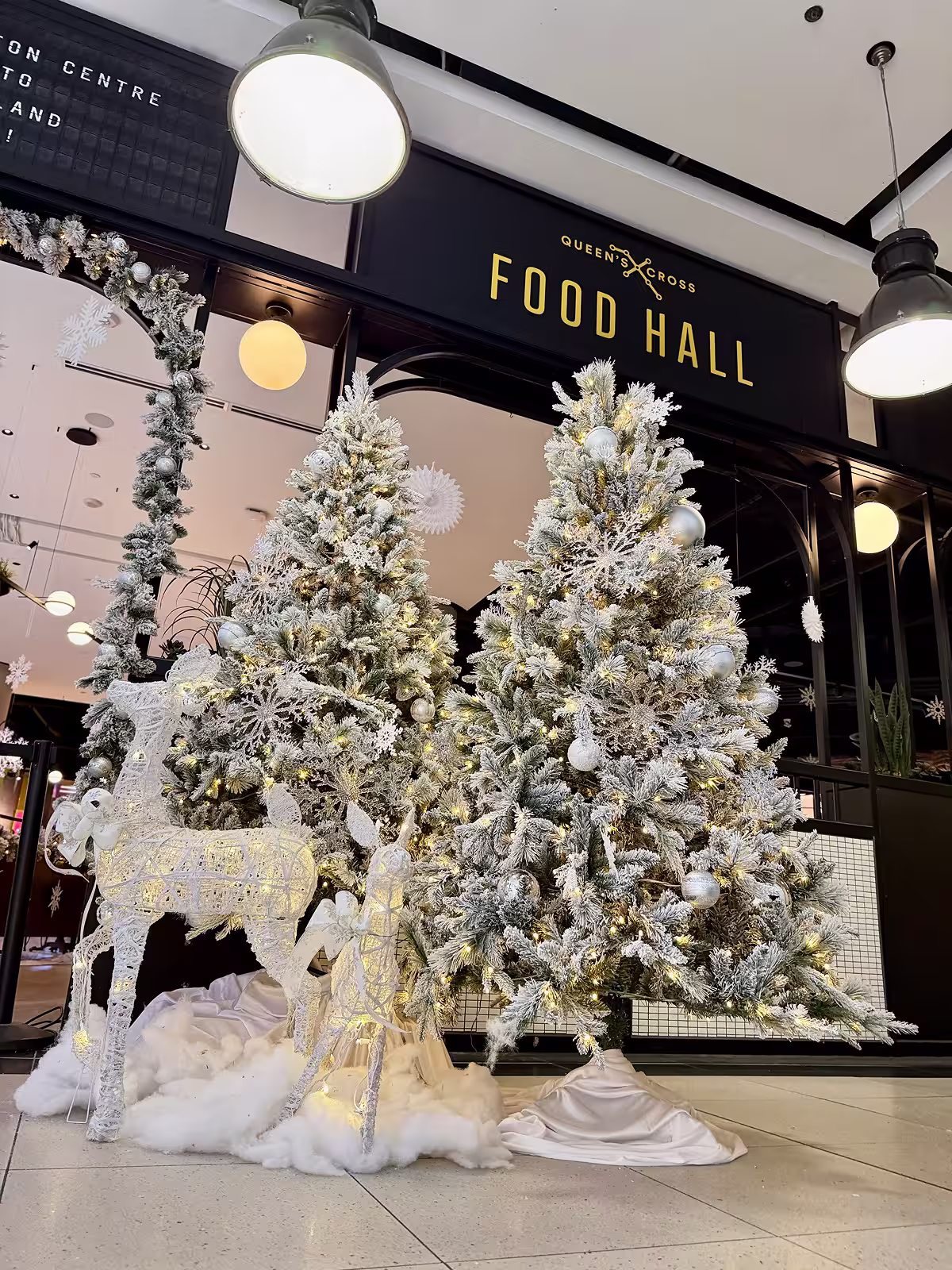 Festive holiday display with snow-covered Christmas trees, illuminated reindeer, and Queen’s Cross Food Hall sign