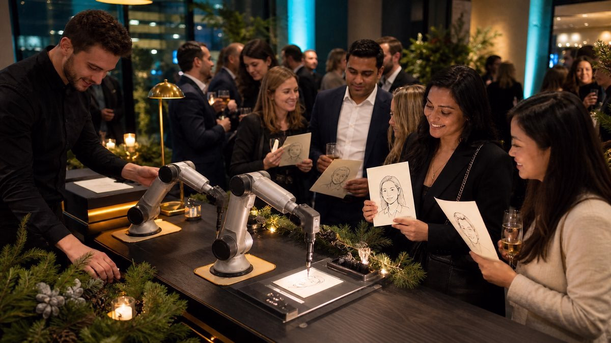 Robotic arms sketching portraits at social event with guests holding drawings