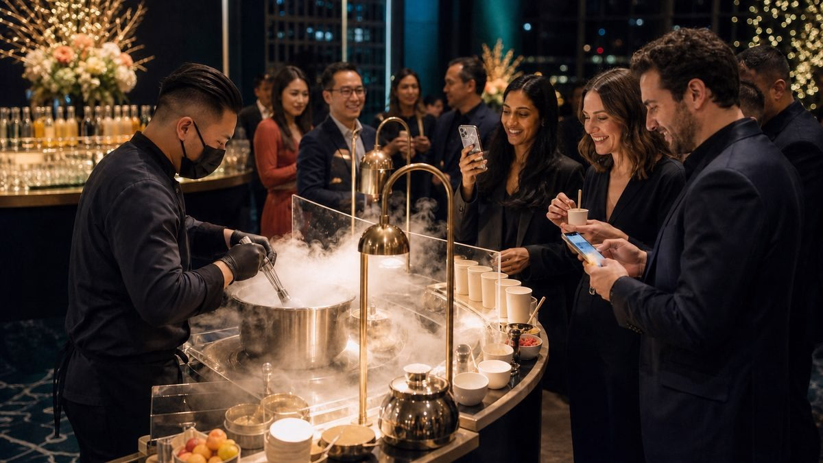 Chef performing liquid nitrogen culinary demo with guests watching and filming