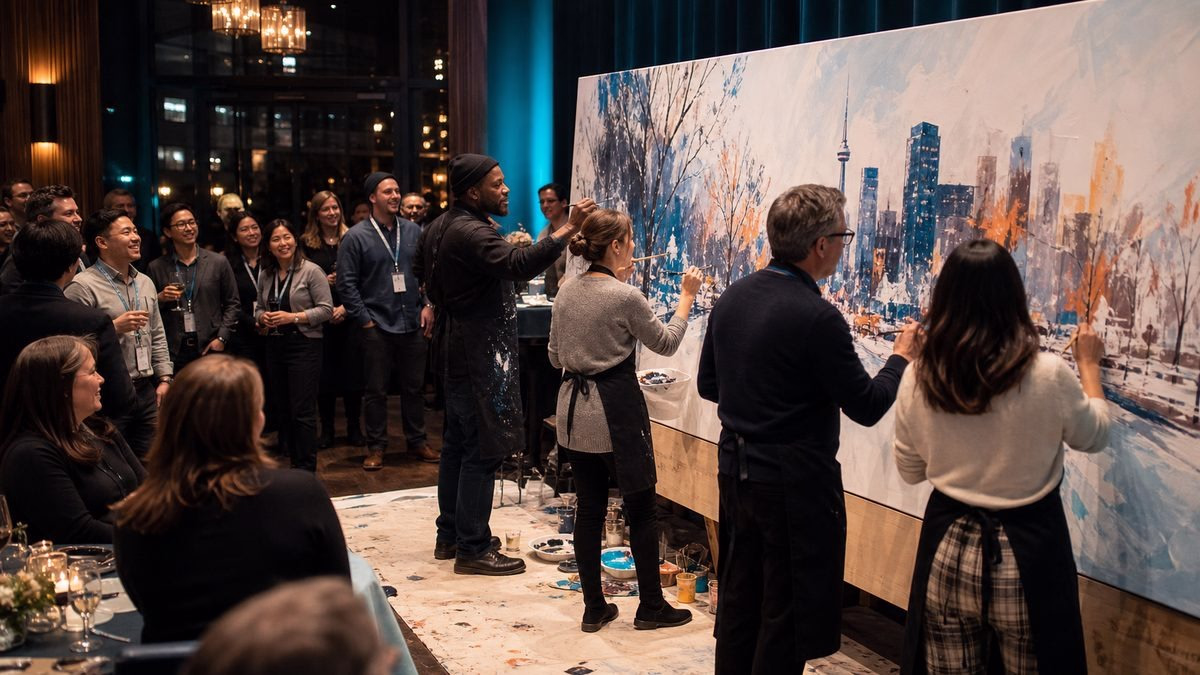 Group painting large cityscape canvas during social art activity