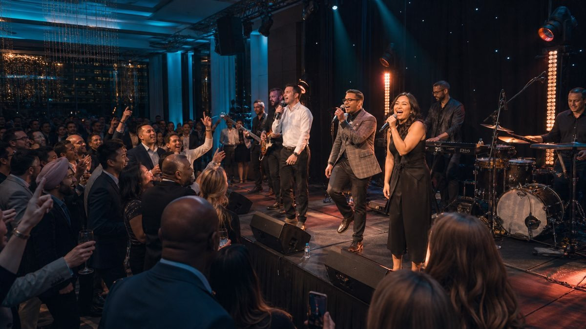 Band performing live music on stage with audience in formal attire
