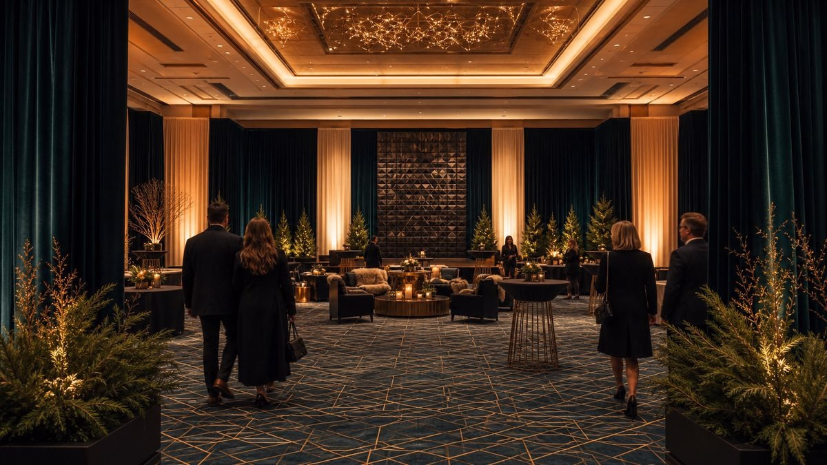 Upscale lounge event space with teal curtains, golden lighting, and festive decor