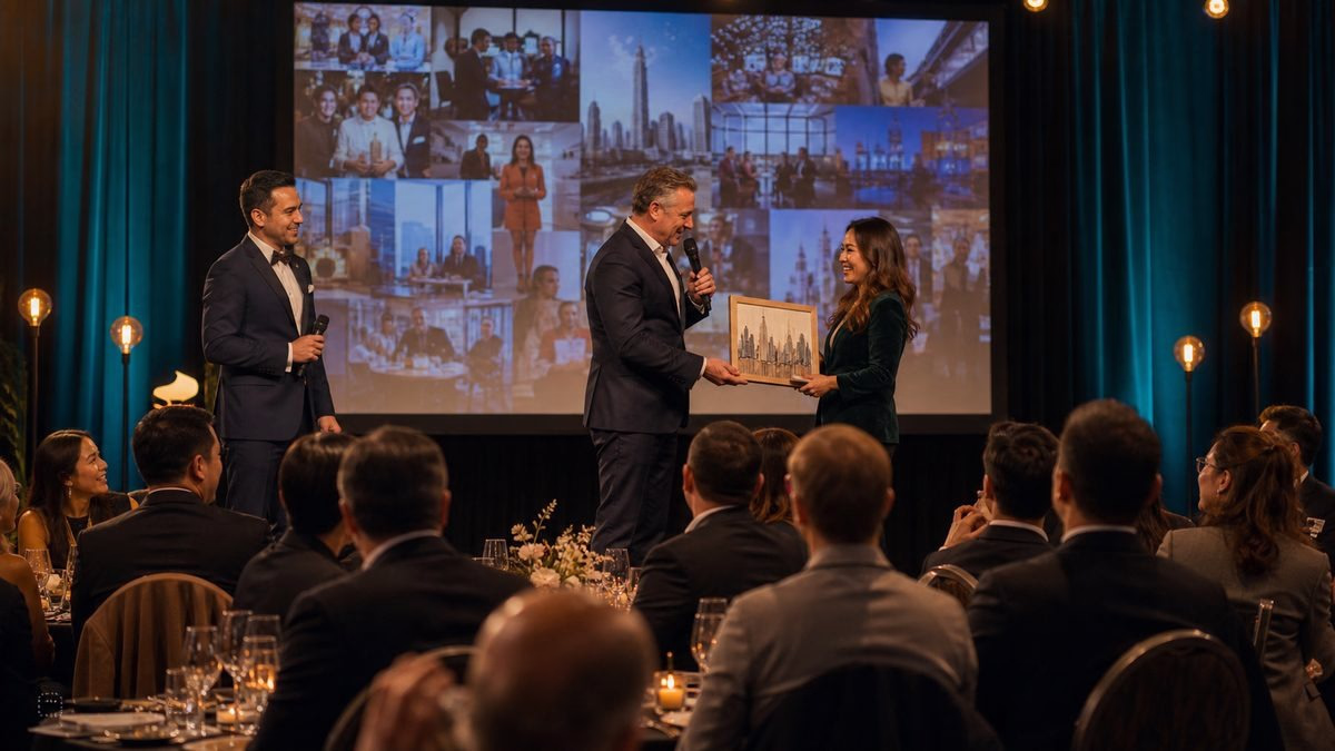 Formal award ceremony with framed city skyline plaque presentation on stage