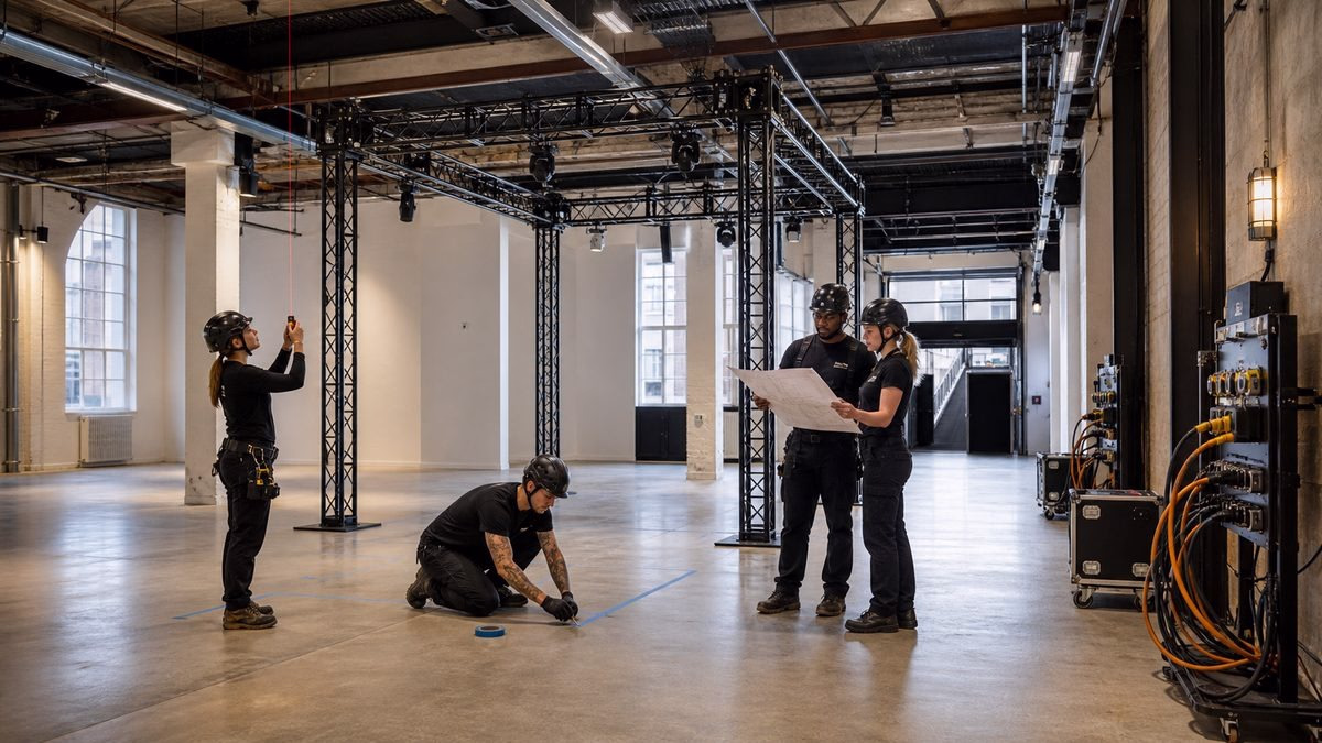 Crew setting up stage with truss, lights, and blueprint in industrial hall
