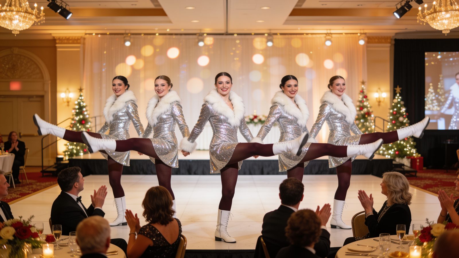 Five dancers in sparkling silver winter costumes performing a kick line for guests at dinner tables