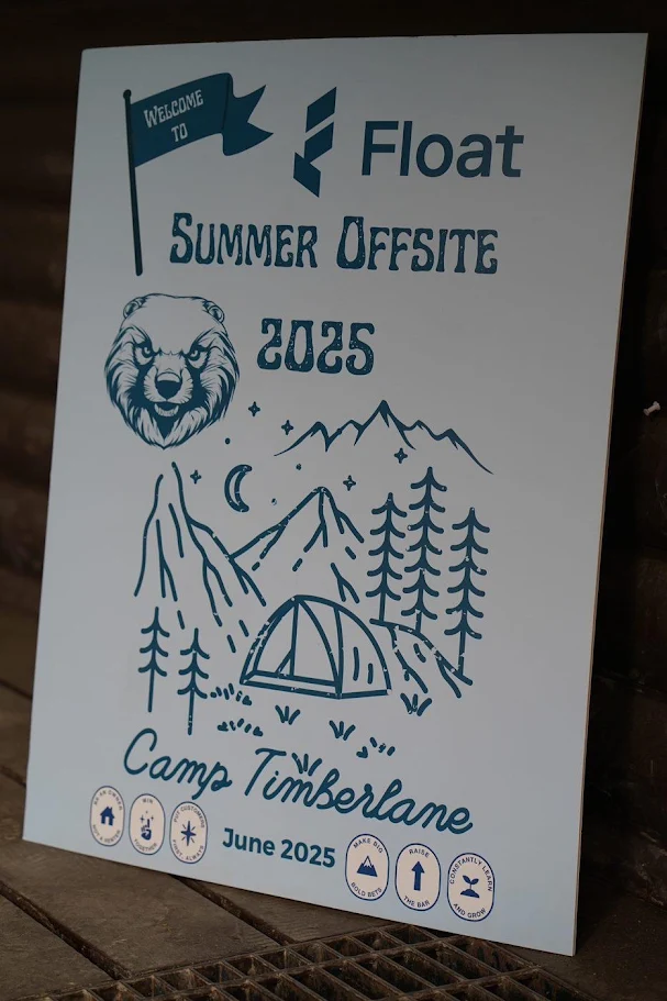 A custom welcome sign designed for a company's summer offsite at a camp retreat.