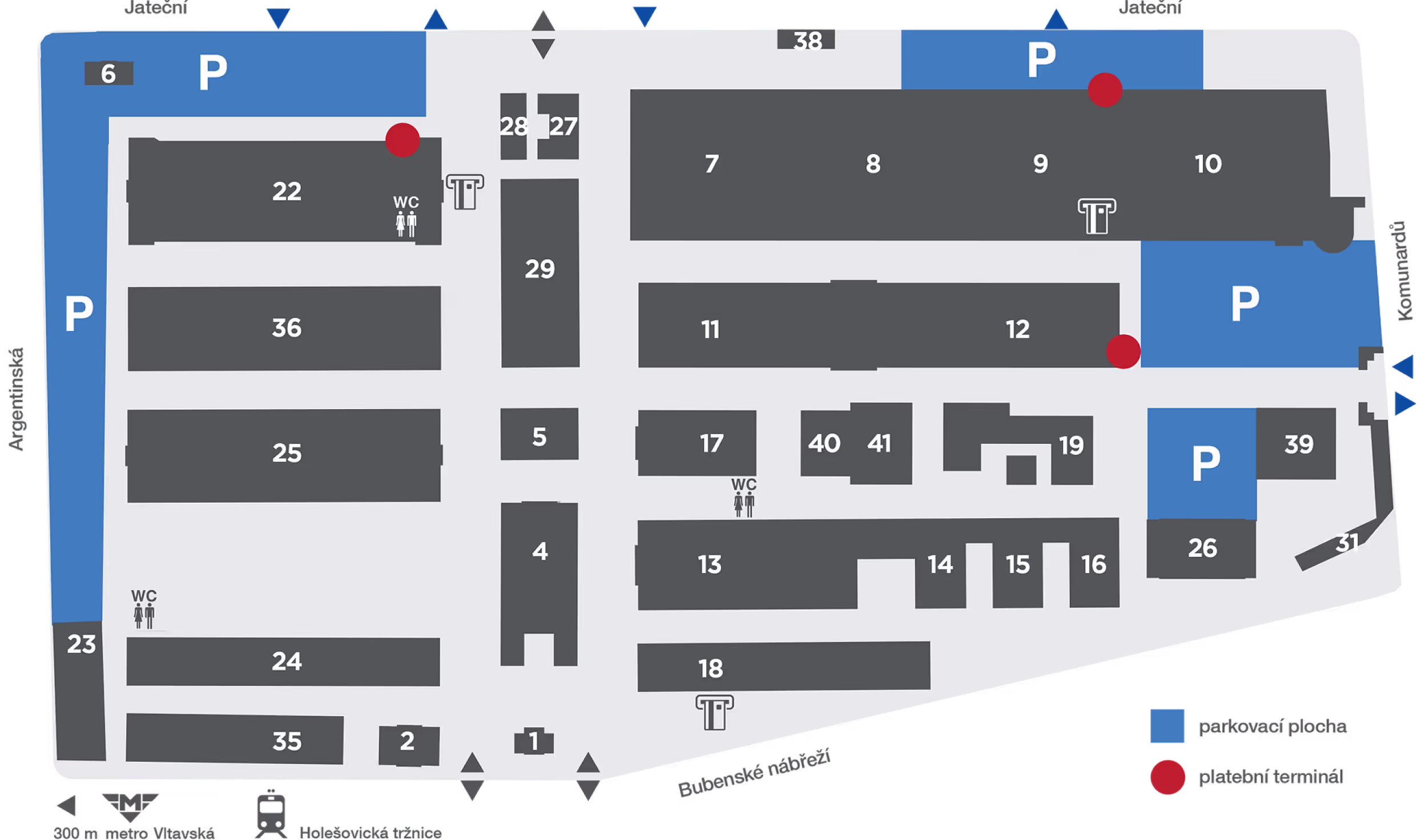 Mapa parkování v prostorech Holešovické tržnice
