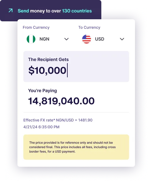Send monney to over 130 countries UI