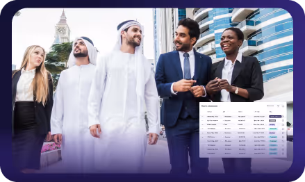 A diverse group of five business professionals, including men in traditional Middle Eastern attire and women in business suits, walking and smiling in an urban setting with modern buildings.