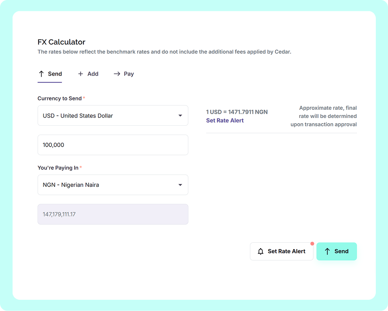 FX Calculator interface showing currency conversion from 100,000 USD to Nigerian Naira at a rate of 1 USD equals 1471.7911 NGN with options to send, add, or pay.