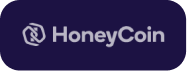 HoneyCoin logo with a stylized hexagonal coin icon to the left of the word HoneyCoin in light purple on a dark purple rounded rectangle background.