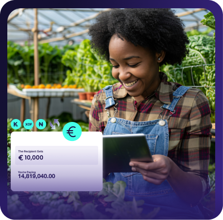 Smiling woman in denim overalls using a tablet in a greenhouse surrounded by plants and vegetables, with a digital overlay showing currency conversion between €10,000 and 14,819,040.00.