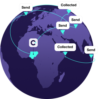 Illustration of a globe with arrows showing data send and collected points across different continents.