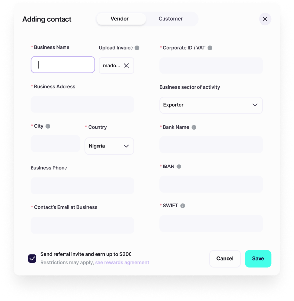 Form for adding a vendor contact with fields for business name, invoice upload, corporate ID/VAT, business address, sector, city, country Nigeria, bank name, phone, IBAN, SWIFT, email, and options to send referral invite, cancel, or save.
