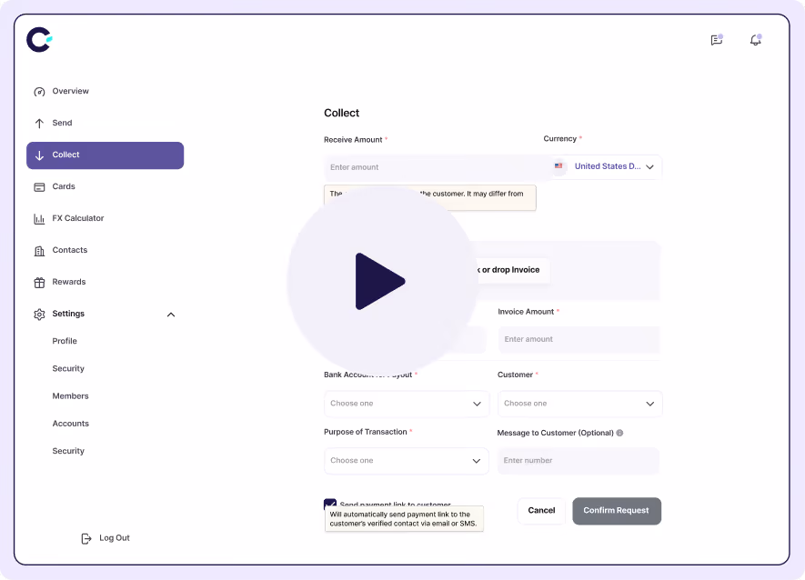 User interface of a payment collection form with fields to enter receive amount, currency, invoice, bank account payout, customer, transaction purpose, and an optional message, with Cancel and Confirm Request buttons.