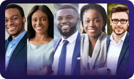 Portraits of five diverse young professionals dressed in business attire smiling against a dark blue background.