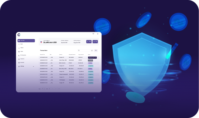 Digital dashboard showing account overview with current balance of $1,286,000 USD, pending additions and payouts, and a transaction list detailing dates, types, businesses, amounts, and statuses.