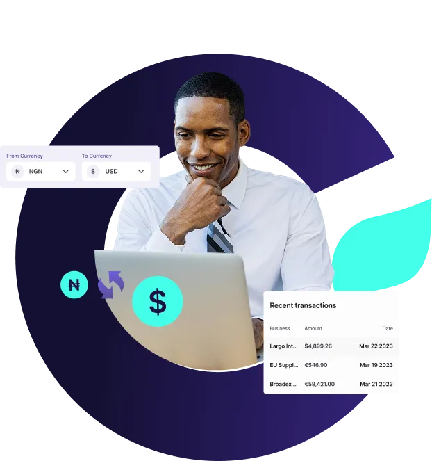 Man in white shirt and tie looking at a laptop with currency exchange icons and recent transactions displayed.