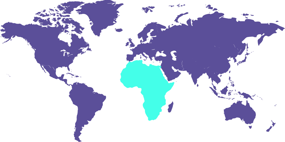 World map with the African continent highlighted in bright turquoise and other continents in dark purple.