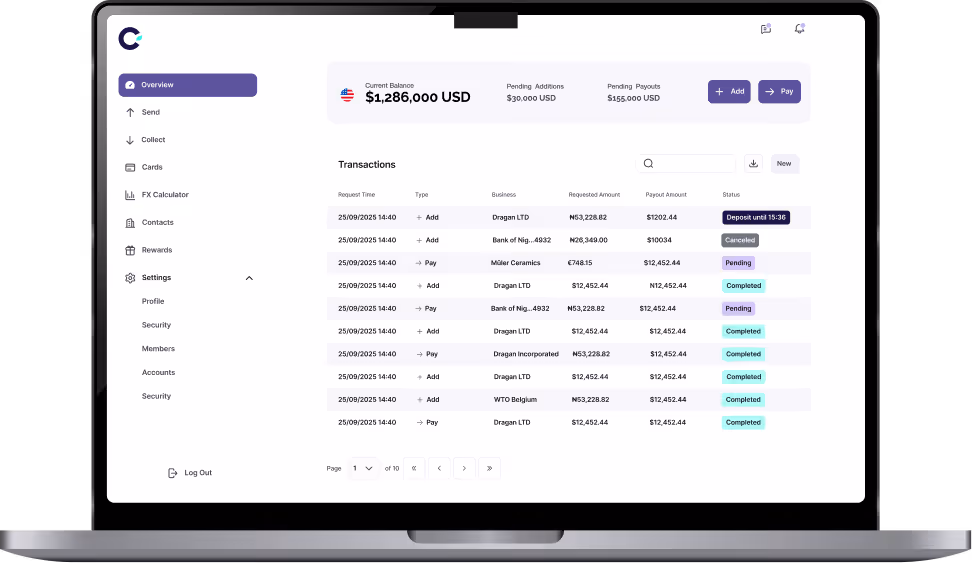 Laptop screen displaying a financial dashboard with current balance, pending additions and payoffs, and a transactions table showing request time, type, business, requested amount, payout amount, and status labels.