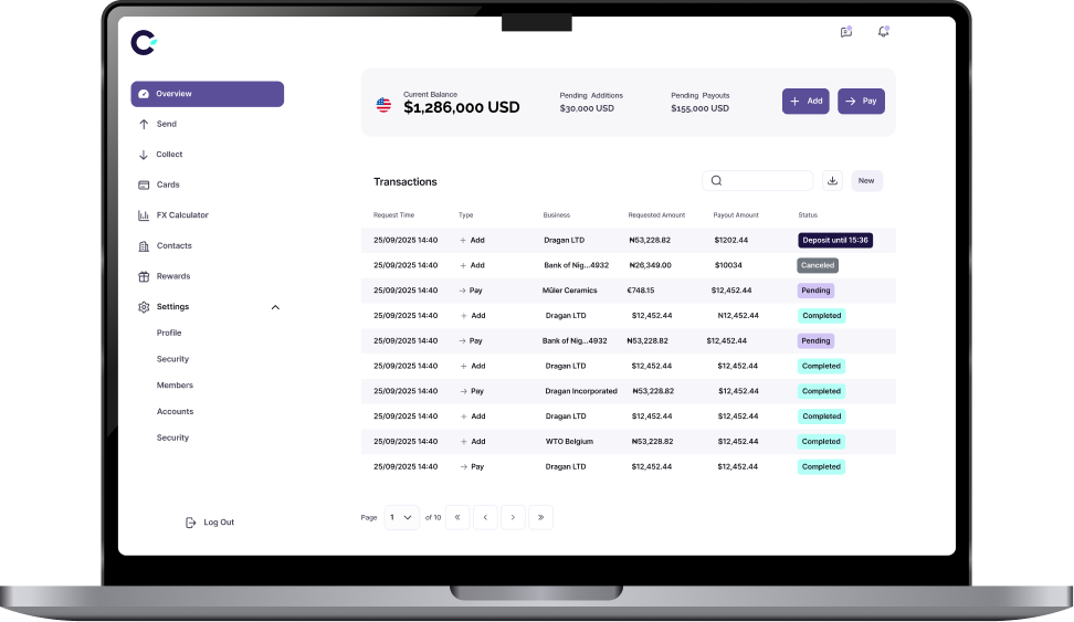 Laptop screen displaying a financial dashboard with current balance, pending additions and payoffs, and a transactions table showing request time, type, business, requested amount, payout amount, and status labels.