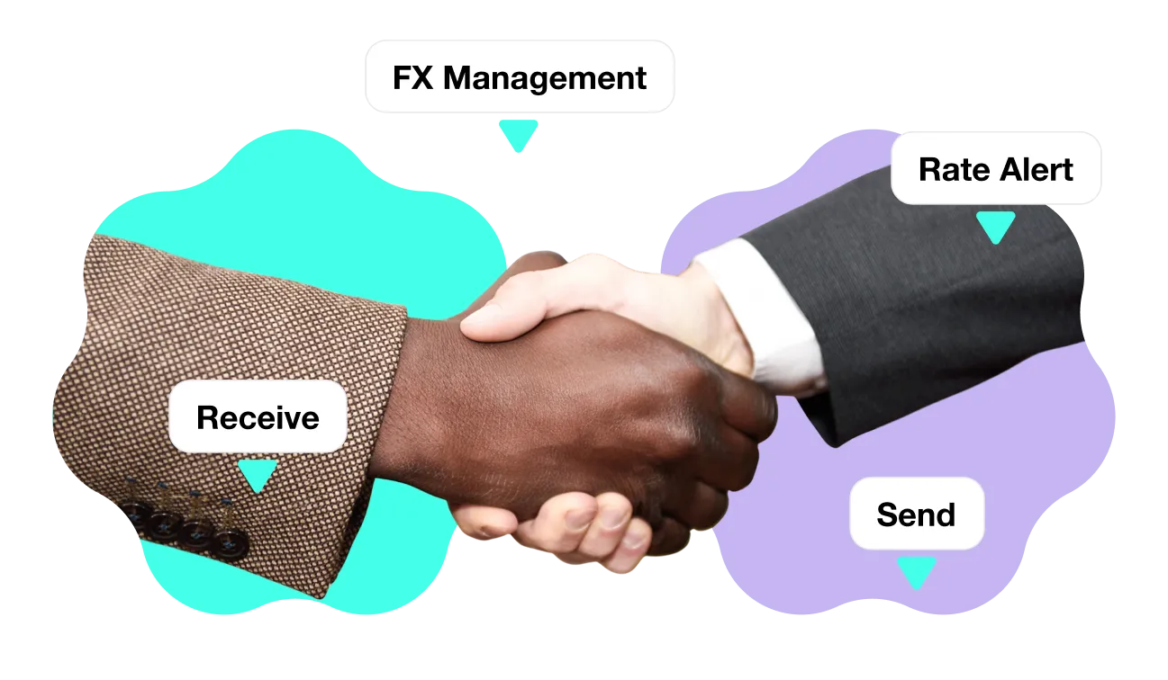Two people shaking hands, with labels around them reading FX Management, Receive, Rate Alert, and Send.