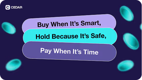 Graphic with text: Buy When It’s Smart, Hold Because It’s Safe, Pay When It’s Time, with the Cedar logo in the top left corner.