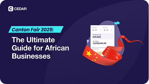 Promotional graphic for Canton Fair 2025 titled 'The Ultimate Guide for African Businesses' with a digital invoice and a red ribbon featuring the Chinese flag.