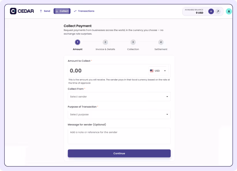 CEDAR payment platform screen showing 'Collect Payment' form with fields for amount, sender, transaction purpose, and an optional message, along with navigation tabs for Amount, Invoice & Details, Collection, and Settlement.