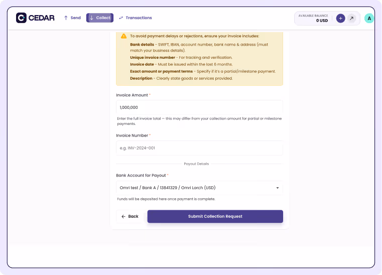 Online payment collection form from Cedar requesting invoice amount, invoice number, and bank account for payout with instructions on invoice details and a submit button.