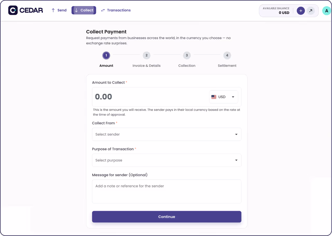 CEDAR payment collection interface showing the first step to input amount, sender, transaction purpose, and optional message with a continue button.