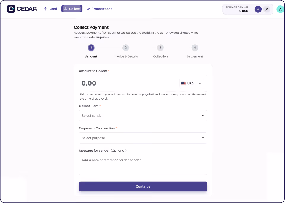 CEDAR online payment dashboard on Collect Payment page showing amount input, sender and transaction purpose dropdowns, and message box with Continue button.