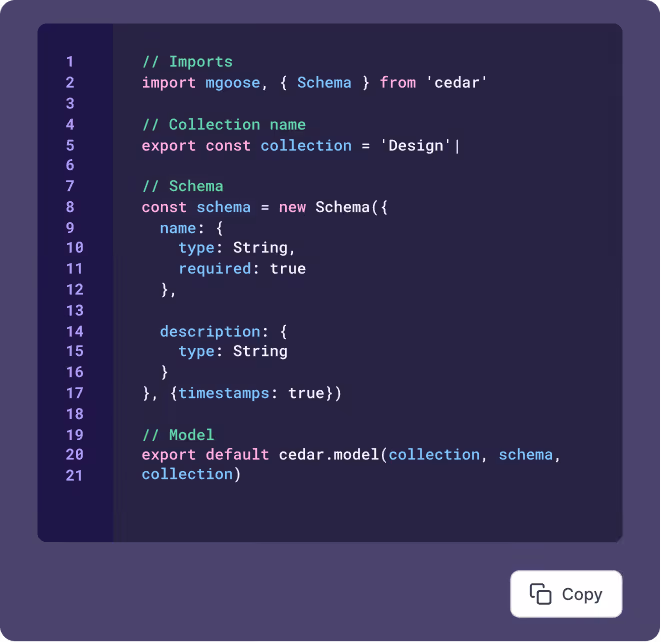 Code snippet showing a Mongoose schema for a collection named 'Design' with fields 'name' and 'description', including timestamps and export of the model using cedar.