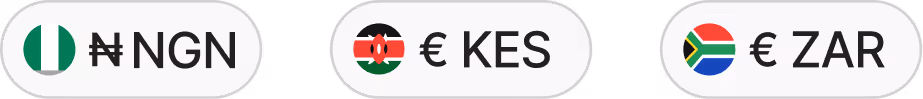 Currency symbols with country flags: Nigerian naira (₦ NGN), Kenyan shilling (€ KES), South African rand (€ ZAR).