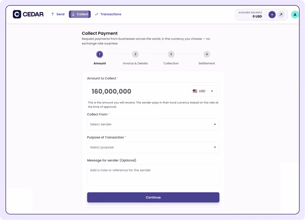 CEDAR payment collection form displaying input fields for amount, sender selection, transaction purpose, and optional message, with a Continue button.