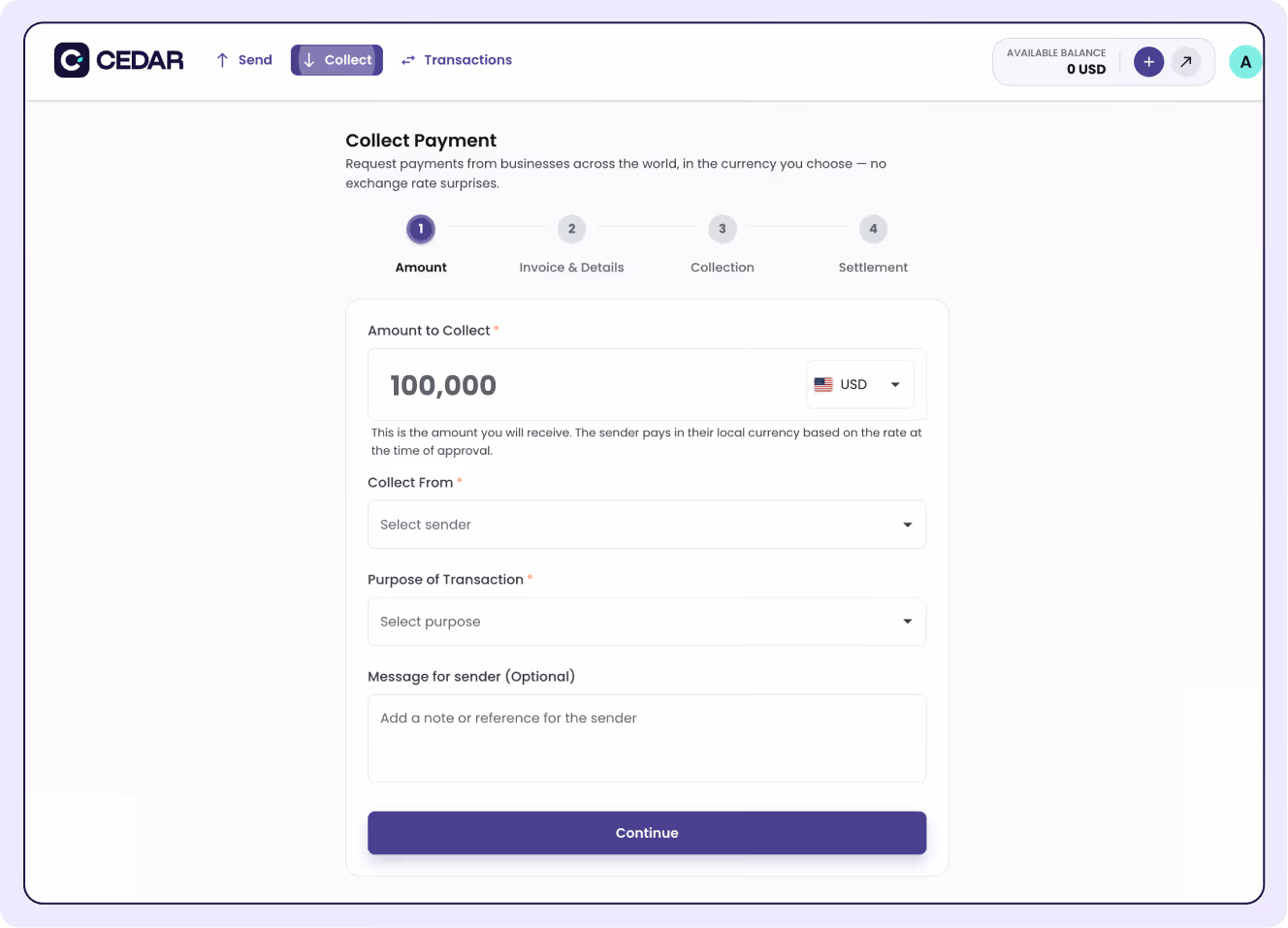 CEDAR payment collection form displaying input fields for amount, sender selection, transaction purpose, and optional message, with a Continue button.
