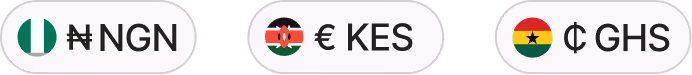 Buttons showing Nigerian naira, Kenyan shilling, and Ghanaian cedi currencies with flags.