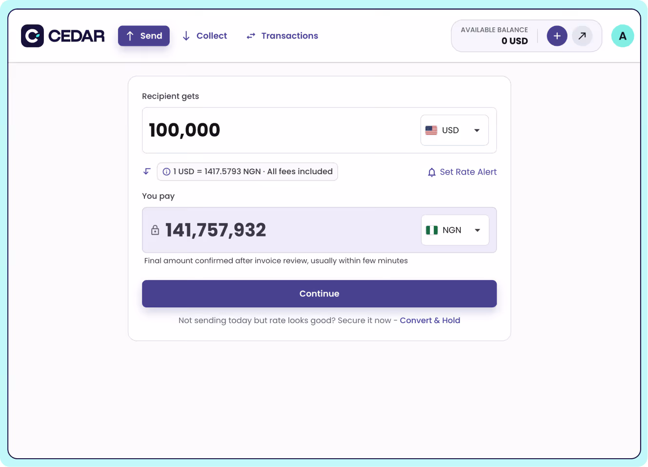 CEDAR platform screen showing currency exchange from 141,757,932 NGN to 100,000 USD with a Continue button.