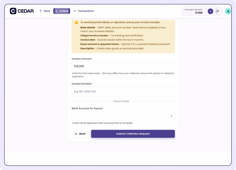 Online invoice collection form with fields for amount, number, and payout bank account on Cedar platform.